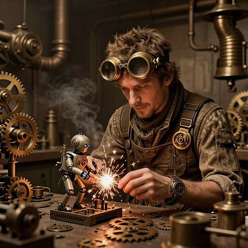 Steampunk inventor with goggles, brown shirt, and leather apron sparks a small robot in a dimly lit, gear-filled workshop.