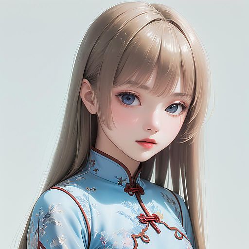Anime Style Girl in Blue Cheongsam