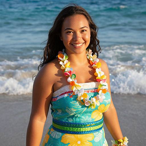 Photograph of a smiling Asian woman with long black hair, wearing a blue floral dress, yellow lei, and bracelet, standing on a beach with gentle