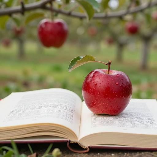 Photograph of a bright red, dewy apple resting on an open book with white pages, in a blurred orchard background.