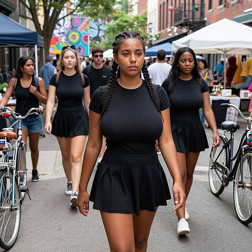 Photograph of four black women with braided hair, wearing black skirts and tops, walking on a busy urban street with bicycles and outdoor cafes.