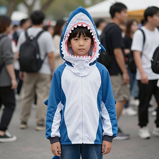 Photograph of a young Asian boy in a blue and white shark hoodie with a gaping mouth, standing in a crowded outdoor market. Blurred background with