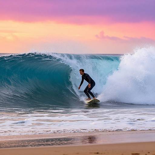 Surfers Riding Giant Sunrise Waves