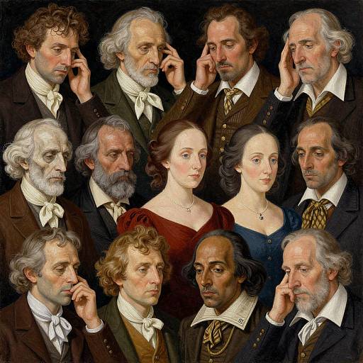 Digital painting of 11 Victorian-era individuals, 6 men and 5 women, all talking on antique phones, wearing formal 19th-century attire