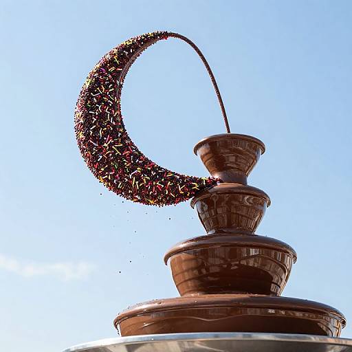 Photograph of a tall, ornate brown ceramic structure topped with a crescent-shaped arrangement of colorful, small decorative elements against a clear blue sky.