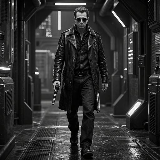 Cyberpunk photograph: Mysterious man in black leather coat, sunglasses, holding gun, walking down wet, neon-lit, futuristic alleyway at