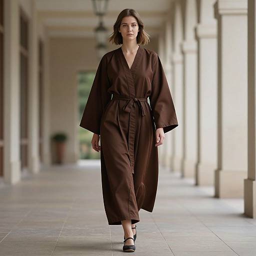 Photograph of a young woman with wavy brown hair, wearing a brown, belted, loose-fitting robe and black sandals, walking down a