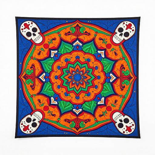 Vibrant square textile with colorful, symmetrical floral and skull design, featuring orange, blue, green, and red patterns, surrounded by four white