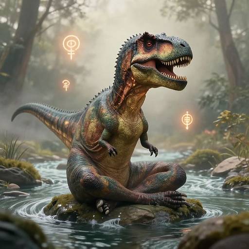Digital artwork of a colorful, glowing, dinosaur with orange and green scales sitting in a misty forest stream, surrounded by glowing symbols.