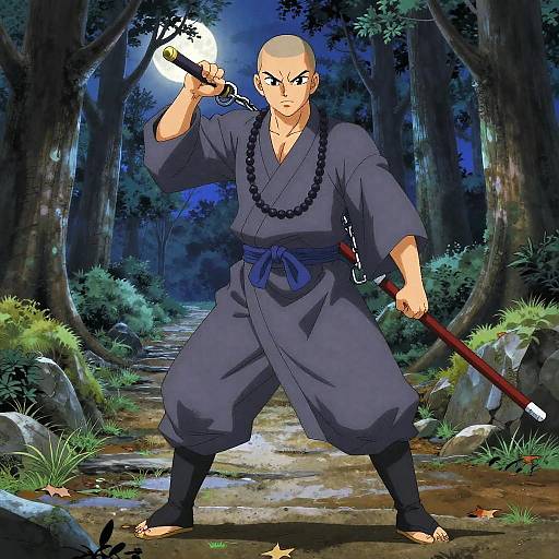 Digital anime-style drawing of a muscular bald ninja with blue gi, black bead necklace, holding katana and staff, under full moon in forest path.