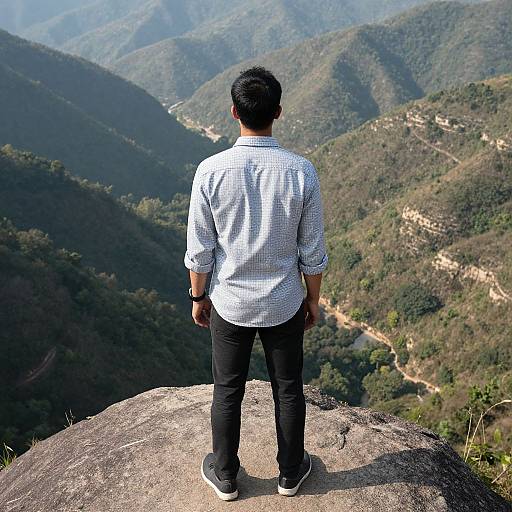Photograph of a man with short black hair, wearing a checkered shirt, black pants, and black sneakers, standing on a rocky outcrop,