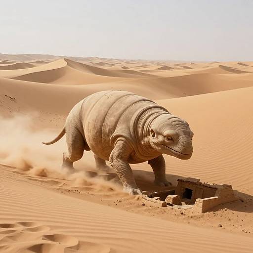 Digital artwork of a rhino-like creature with armored skin, walking through a vast, sunlit desert, kicking up sand, and destroying a small,