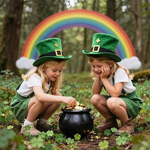 Photograph of two blonde girls in green leprechaun hats and white shirts, squatting in a forest, stirring a black cauldron with