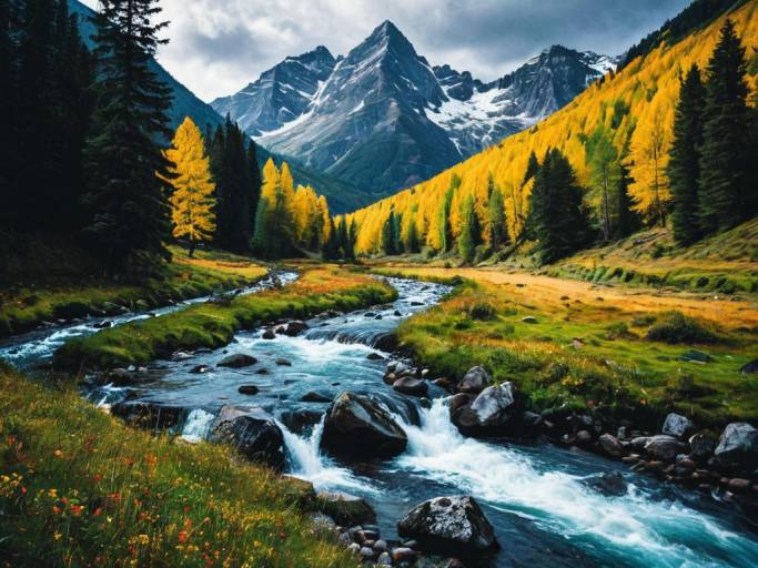 Vibrant Mountain Stream and Valley Scene