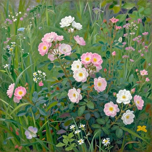 Digital painting of a lush garden with pink and white flowers, green foliage, and small white and yellow blooms scattered throughout.