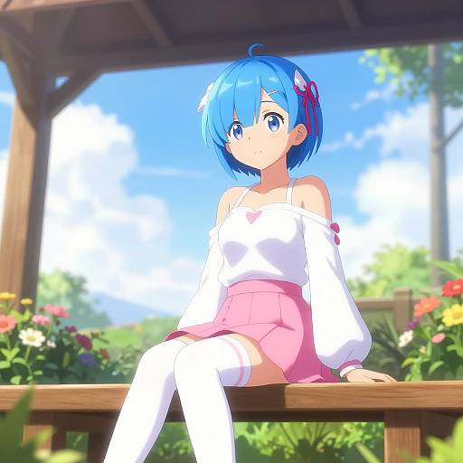 Digital anime-style drawing of blue-haired girl with big eyes, white off-shoulder top, pink skirt, and white thigh-high socks, sitting on