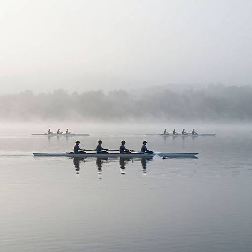 Silent Rowers on Misty Lake