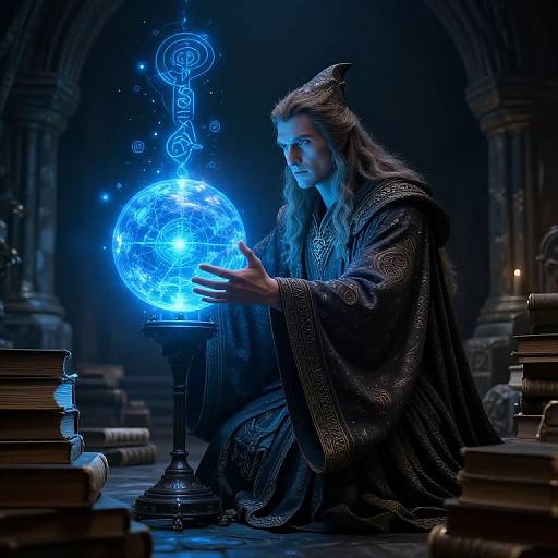 Magical wizard with long brown hair and ornate robe kneels, holding a glowing blue orb in dimly lit, arched library.