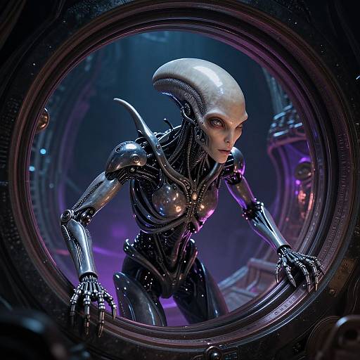 Digital CGI of a sleek, metallic, alien with a bald, elongated head and purple-lit cybernetic body, peering through a circular