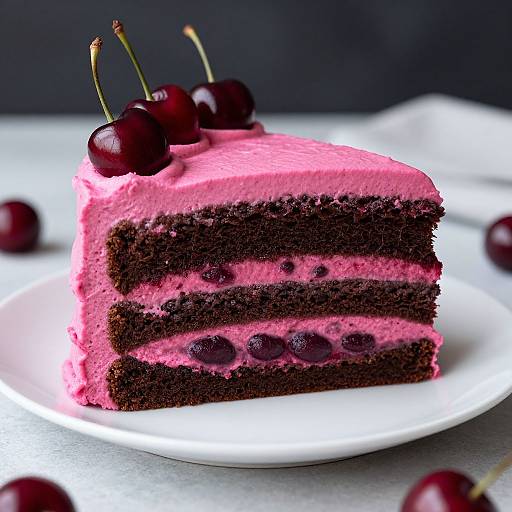 Photograph of a slice of pink cherry layer cake with dark chocolate layers, topped with three cherries on a white plate.