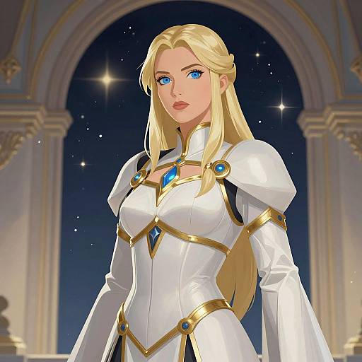 Digital anime-style drawing of a blonde woman with blue eyes, wearing a white, gold-accented armored dress with blue gemstones, standing in a