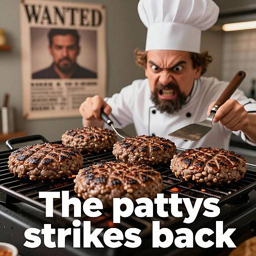 Photograph of a furious bearded chef in a white hat grilling seven beef patties on a grill, with a 