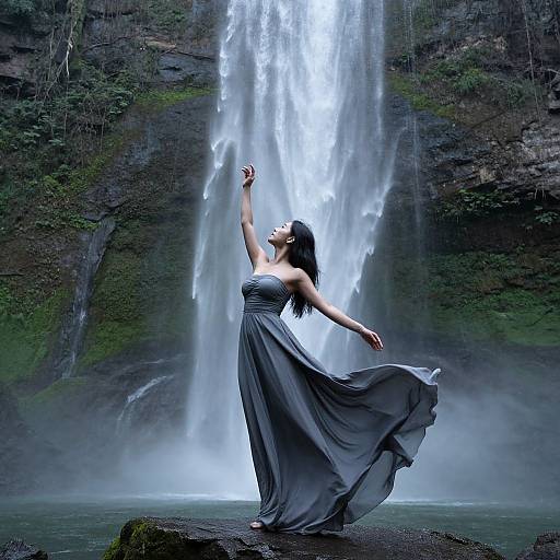 Photograph of a woman in a flowing grey dress, arms raised, standing on a rock in front of a cascading waterfall.