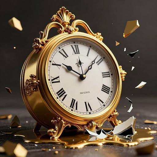 Photograph of a gold, ornate, classical-style clock with black Roman numerals and hands, surrounded by flying golden fragments on a dark background.
