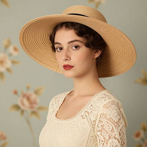 Photograph of a young woman with fair skin, dark brown hair, red lipstick, wearing a beige straw hat and white lace top, against a floral