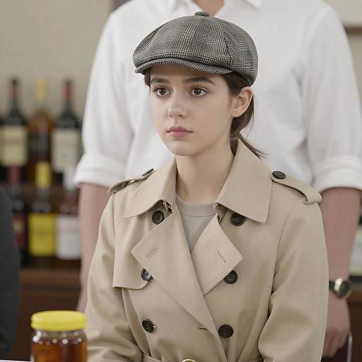 Young woman in trench coat and checkered cap