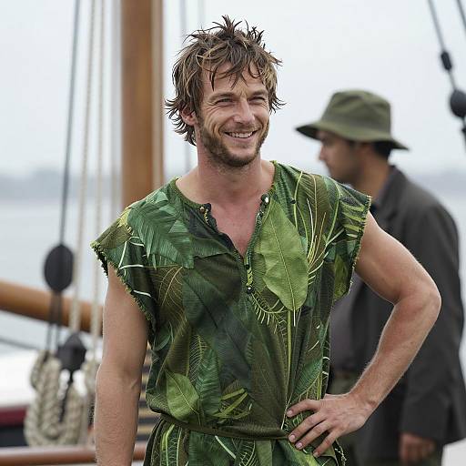 Smiling Man in Leaf-Patterned Tunic on Ship