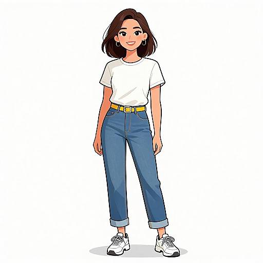 Digital anime-style drawing of a smiling young woman with medium-length brown hair, wearing a white t-shirt, blue cuffed jeans, yellow belt, and