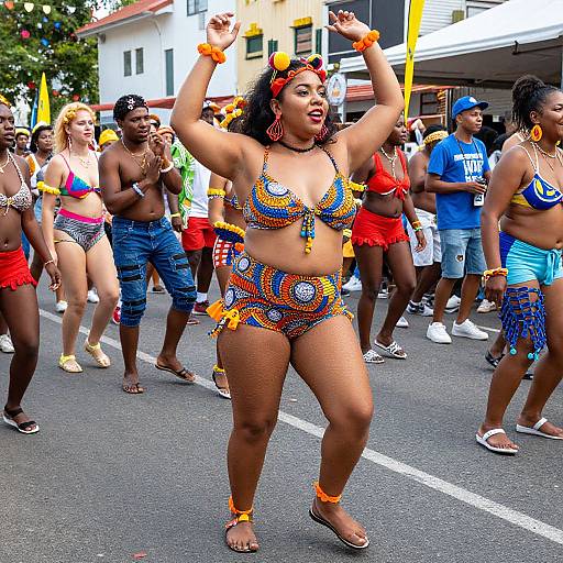 Photograph of a vibrant parade featuring a curvy, brown-skinned woman in a colorful, beaded bikini and orange accessories, dancing confidently in the