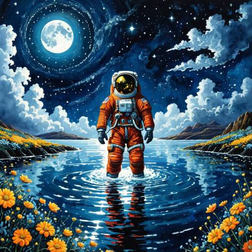 Astronaut standing in moonlit water with flowers