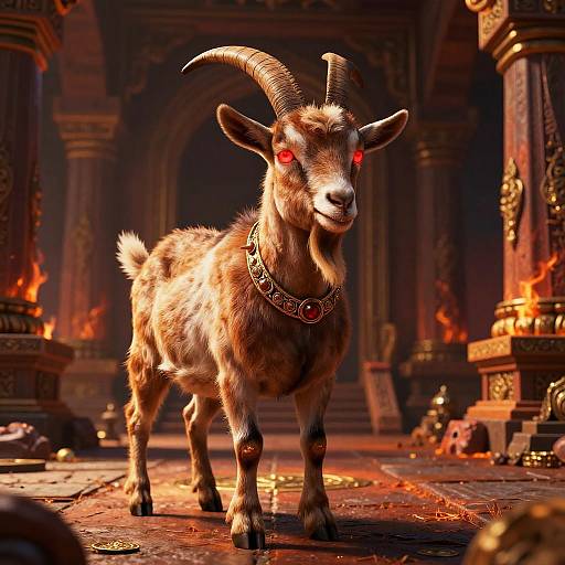 Regal Glowing-Eyed Goat in Ancient Temple