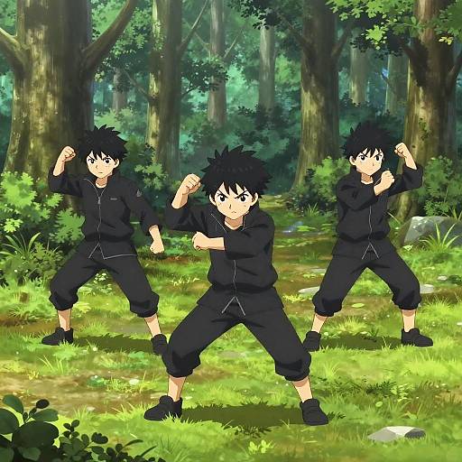 Digital anime-style drawing of three black-haired boys in black martial arts outfits, fighting stances, in a sunlit, lush forest.