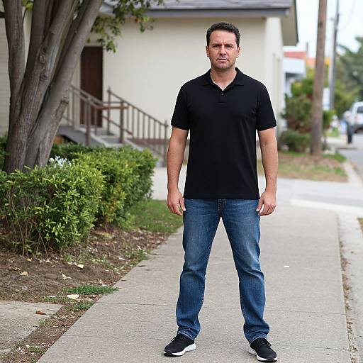 Photograph of a middle-aged man with short dark hair, wearing a black polo shirt, blue jeans, and black shoes, standing on a suburban sidewalk
