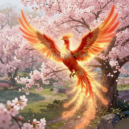 Digital artwork of a vibrant, fiery phoenix with outstretched wings, surrounded by blooming cherry blossom trees in a sunlit garden.