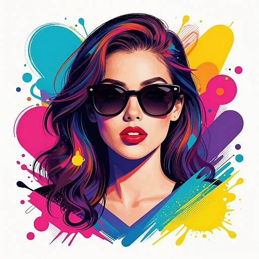 Digital pop art portrait of a stylish woman with dark wavy hair, red lips, black sunglasses, and colorful abstract background.