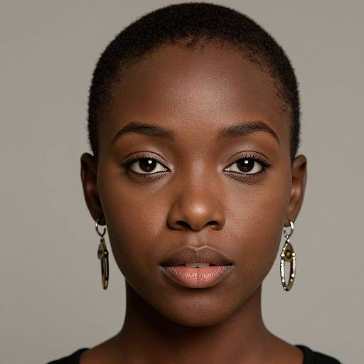 Photograph of a young Black woman with short curly hair, wearing large gold leaf-shaped earrings, against a plain gray background.