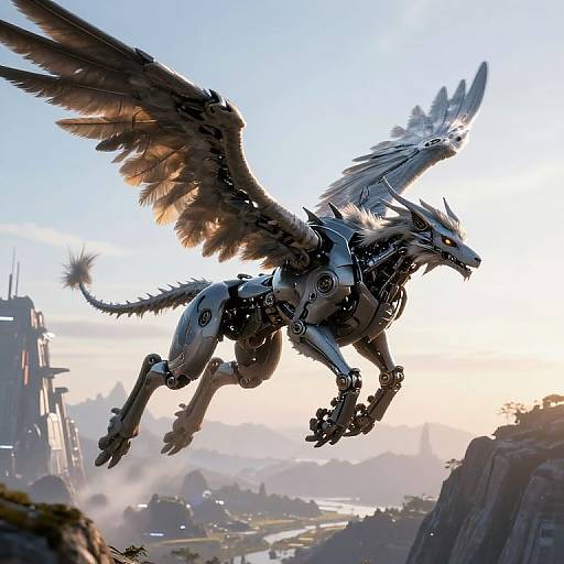 Digital art of a metallic, winged dragon with intricate black and white patterns soaring above a futuristic cityscape during sunset.