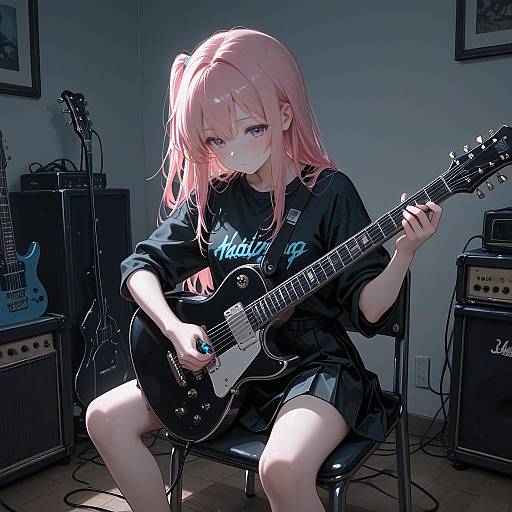 Girl with Electric Guitar in Room