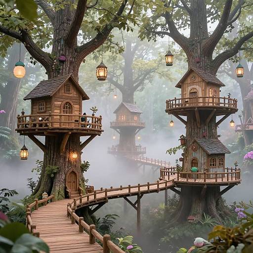 Enchanted Treehouse Village in Mist
