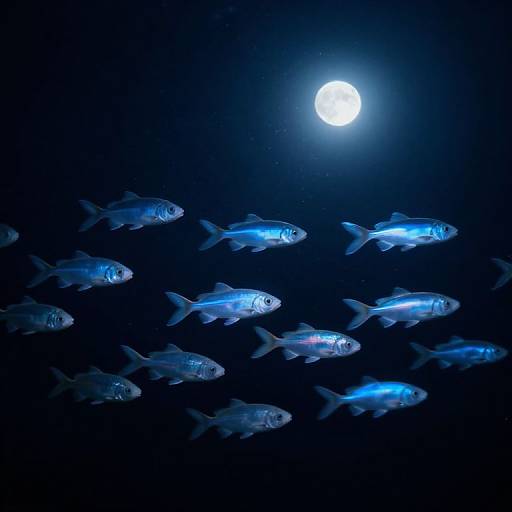 Photograph of eight glowing blue fish swimming in a dark underwater environment, illuminated by a bright, full moon above.