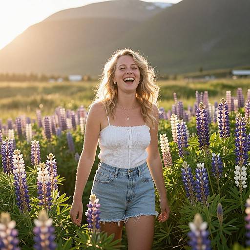 Blonde woman with wavy hair, laughing, wearing white strap top and denim shorts, standing in sunlit field of purple lupines. Mountains and