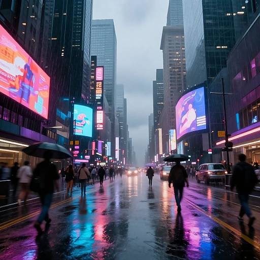 Photograph of a rainy, neon-lit urban street with blurred pedestrians, holding umbrellas, and reflections of colorful billboards on wet pavement.