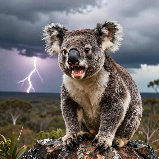 Photograph of a gray koala with white ear fluff sitting on a rock, lightning illuminating the stormy, cloudy sky in the background.