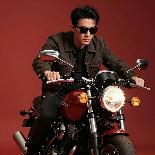 Intense Biker Against Bold Red Background