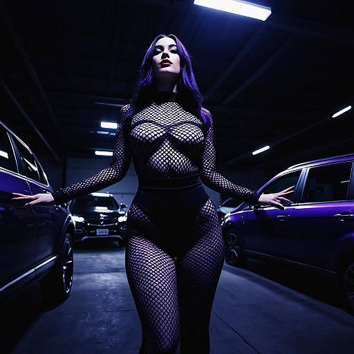 Androgynous Model in Sheer Fishnet Bodysuit in Dimly Lit Garage