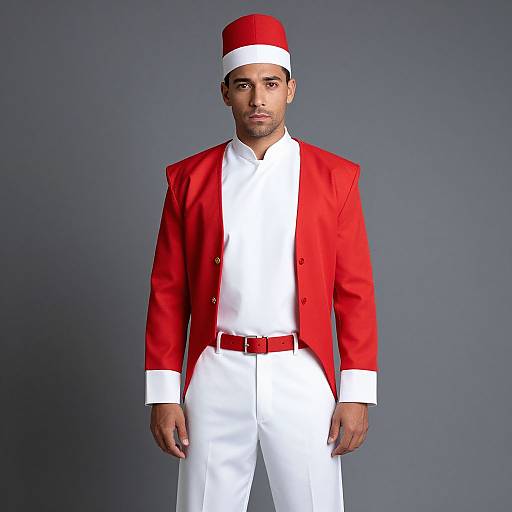 Photograph of a man with medium brown skin, wearing a red jacket, white shirt, white pants, red belt, and red hat, standing against